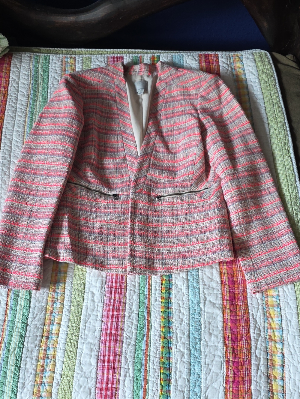 Halogen Pink Tweed Open-Front Blazer with Cream Accents Size MP